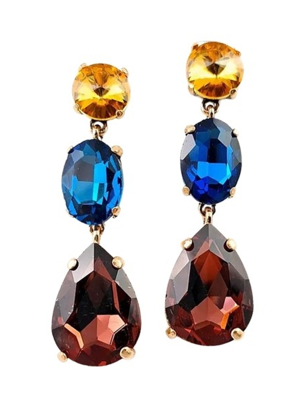 Gold-Tone Multicolor Crystal Drop Earrings - Blue, Amber, Burgundy